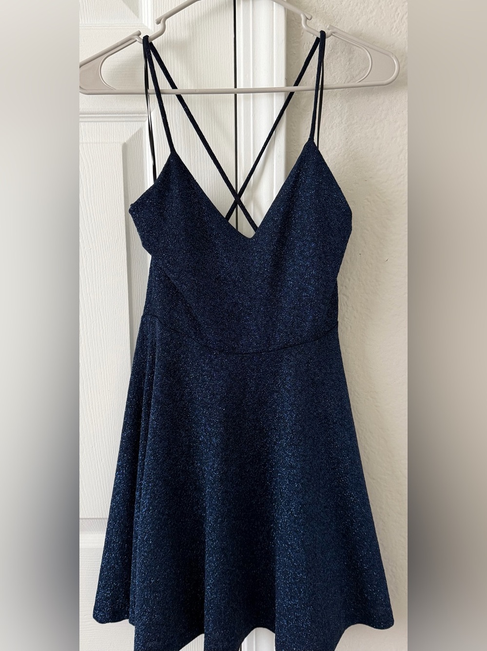Lovely Day Navy Blue Glitter Spaghetti Strap Skater Dress